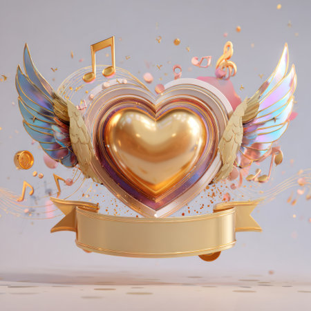 A heart-shaped design is the central element, made of layered gold. Wings and musical notes surround the heart. The artwork is rendered with a 3D aesthetic, with detailed textures and lighting. The image suggests a celebratory atmosphere. It could be used for romantic themes or music-related projects.の素材