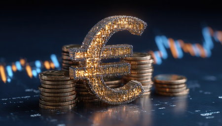 A golden euro symbol sits atop stacked coins, set against a blurred financial chart backdrop. The image features a shallow depth of field, with soft lighting enhancing the metallic texture of the coins and symbol. It could be used in various commercial applications related to finance or economics.の素材