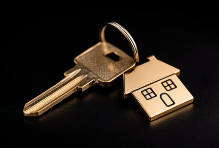 A golden key and a house-shaped keychain are displayed against a dark background. The key and keychain are in sharp focus, showcasing a metallic texture. The composition utilizes overhead lighting. This image is suitable for various commercial purposes, including real estate and finance.の素材