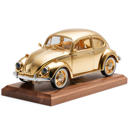 A gold-colored miniature automobile, a classic design, is presented on a wooden display. The glossy surface reflects light, enhancing the detailed features of the vehicle. This studio shot showcases the car against a plain background, making it suitable for design, advertising, and marketing materials.の素材