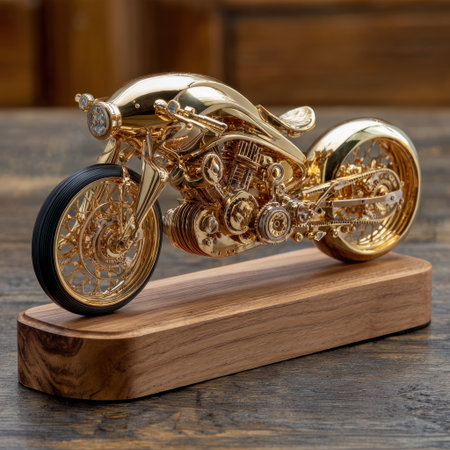 A close-up showcases a detailed golden motorcycle ornament. The object is displayed on a wooden base. The lighting emphasizes the metallic finish. The scene is suitable for product display, decorative art, or conceptual illustrations that can be used for various projects.の素材
