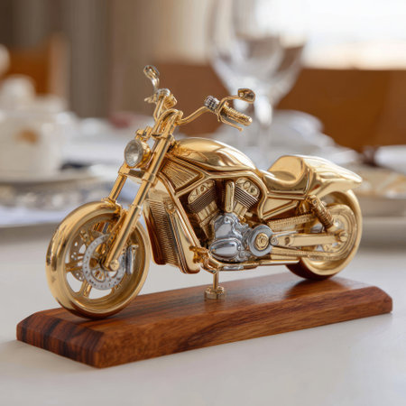 A close-up view presents a detailed golden motorcycle sculpture atop a wooden base. The shiny object contrasts with the dark wood, set on a white surface. Tableware blurs in the background, suggesting an indoor setting with daylight illuminating the subject. This image is suitable for various commercial uses.の素材