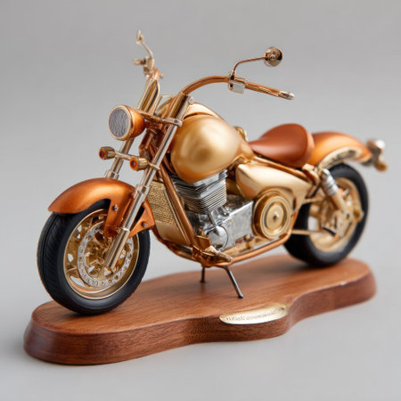 A detailed sculpture presents a motorcycle rendered in gold tones, set against a blurred background. The composition shows the vehicle placed on a wooden base. The lighting emphasizes the metallic texture. This image can be suitable for commercial and editorial purposes.の素材