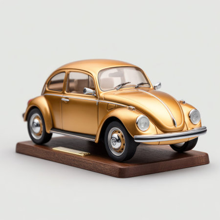 A golden-colored miniature beetle is presented on a wooden base. The vehicle features a rounded design, showcasing detailed headlights and chrome accents. It is captured in a well-lit environment, emphasizing the shiny surface and classic appeal. This image could be used for various commercial projects related to collectibles or design.の素材