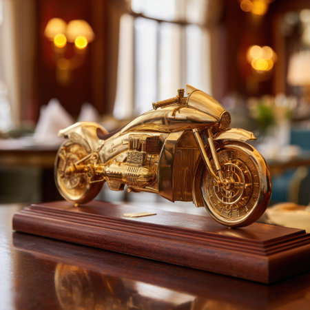 A golden motorcycle statue sits on a wooden base, prominently displayed in what appears to be a restaurant or upscale dining environment. The artwork exhibits a detailed design with a reflective metallic finish. The scene includes warm, diffused lighting and a blurred background, making it suitable for decorative or conceptual applications.の素材