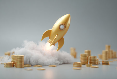A golden rocket blasts off above stacks of coins against a light background. Soft clouds and vapor surround the rocket, while the coins are arranged in a financial context. The 3D illustration employs a minimalist style with warm lighting, suggesting prosperity and financial advancements suitable for commercial projects.の素材