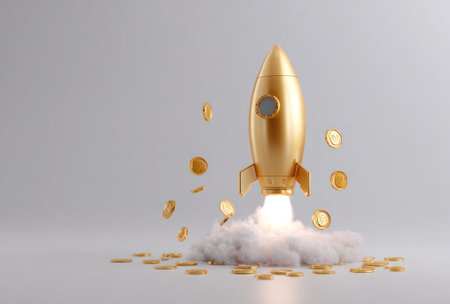 A golden rocket launches, surrounded by coins against a clean, light background. The image showcases a modern style with soft lighting and a focus on detail. The composition suggests financial success, progress, or market growth suitable for various commercial or educational contexts.の素材