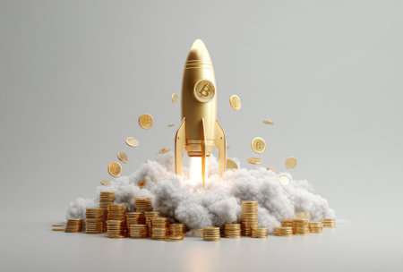 A golden rocket ascends amidst coins and stacks, set against a pristine white backdrop. The image utilizes a digital rendering, showcasing a focus on lighting and a 3D effect. Potential applications include commercial ventures and illustrative content relating to finance and investment.の素材