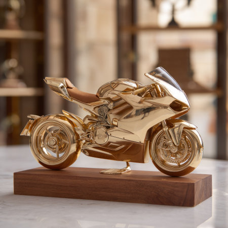 A golden motorcycle sculpture is displayed on a wooden base, showcasing intricate details. The artwork features a smooth, reflective surface with warm lighting, suggesting a studio or gallery environment. This image could be suitable for various design, art, and decorative purposes.の素材