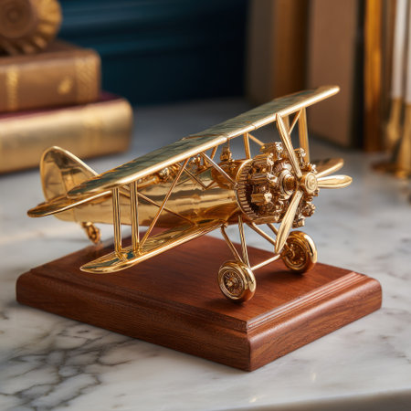 A detailed golden airplane model rests on a polished wooden base. The sculpture showcases a vintage biplane design. Warm lighting highlights the metallic sheen of the airplane, set against a blurred background. The image could be used for various commercial purposes, including home decor and aviation-themed projects.の素材