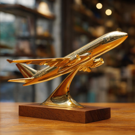 A gold-colored airplane model is displayed on a wooden base, set on a wooden tabletop. The model reflects light, revealing its metallic surface and intricate details. The blurred background suggests an indoor setting, possibly a showroom, making it suitable for decorative or commercial use.の素材
