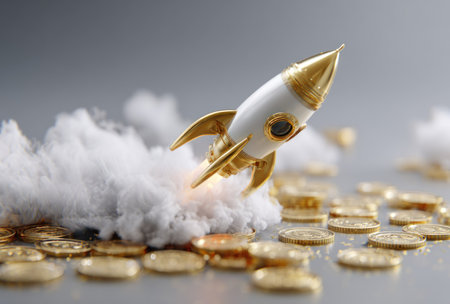 A miniature rocket, accented with gold, ascends over a scattering of coins. The rocket emits puffs of smoke against a soft, light background. The composition features a shallow depth of field, highlighting the central subject. This visual could be used for financial or business-related themes.の素材