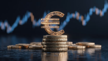 A close-up captures a golden Euro symbol, poised on a stack of coins, against a blurred backdrop of financial data lines. The image employs a shallow depth of field, highlighting the textured coins and the currency emblem. The dark setting and warm lighting suggest a concept of finance, investment, or economic transactions suitable for various commercial purposes.の素材