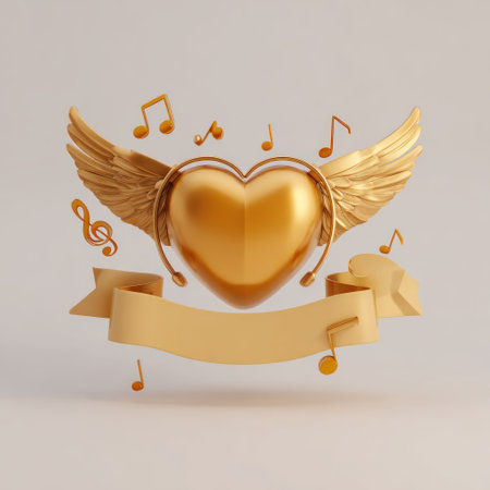 A golden heart is central, flanked by wings and surrounded by musical notes. A banner below provides space for text. The artwork uses a 3D style with soft lighting. This composition could be used for designs related to music, love, or celebratory themes, suitable for various creative projects.の素材