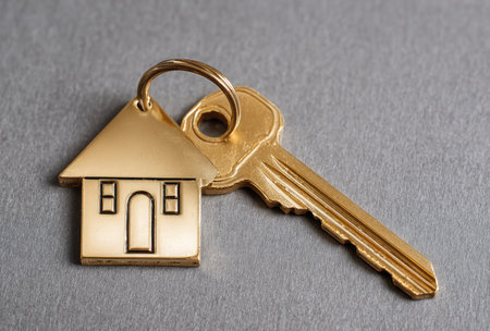 A close-up captures a golden key beside a house-shaped charm, set against a gray background. The key and charm exhibit a metallic shine, with the house displaying a simplistic design. The image showcases natural lighting and could be applied in commercial projects related to property, real estate, or home ownership.の素材