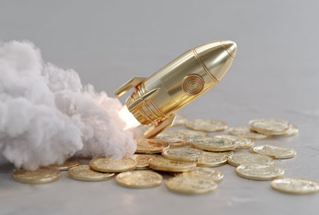 A shiny golden rocket is depicted launching over a pile of coins, creating smoke. The image has a studio style with a neutral background, highlighting the objects. The composition suggests concepts of investment, growth, and financial success. It may be suitable for various commercial uses.の素材
