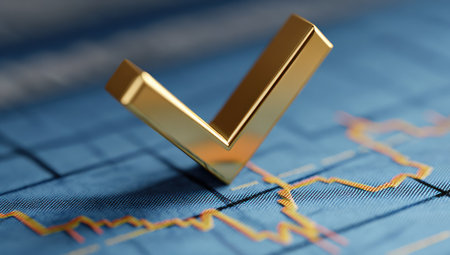 A close-up captures a golden check mark resting on a blue graph with orange lines. The composition features a shallow depth of field, highlighting the metallic texture and form of the check. This visual may represent concepts such as achievement, verification, or market trends, suitable for various editorial and commercial applications.の素材