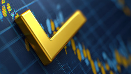 A close-up view presents a golden checkmark icon, positioned over a blurred stock market graph. The composition uses a shallow depth of field, highlighting the three-dimensional checkmark. The color palette includes gold, blue, and yellow hues. Suitable for commercial projects or editorial content relating to finance and success.の素材