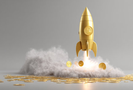 A golden rocket ascends, emitting smoke, with coins scattered below, illustrating concepts of progress. The image features a bright, clean style with focused lighting. This visually dynamic composition suggests investment or market-related success, suitable for various financial or business publications and marketing.の素材