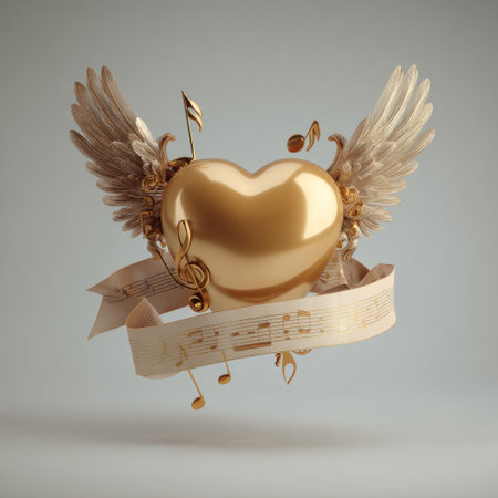 A golden heart is the focal point of this image, flanked by detailed wings and musical notes. The composition features a scrolling banner with musical notations. The lighting is soft, creating a subtle contrast. This artistic design is suitable for various creative projects and editorial uses.の素材