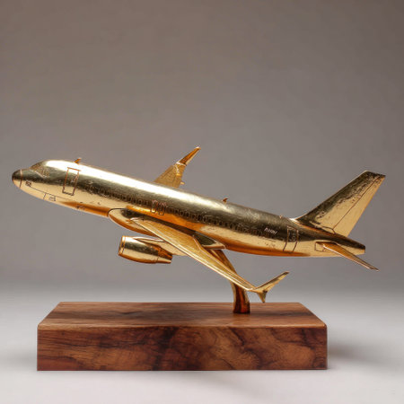 A golden airplane model rests on a wooden base, set against a neutral, softly lit background. The sculpture displays a metallic sheen, capturing light and reflecting a warm tone. The composition emphasizes the airplane's form and material. This image may be suitable for various commercial uses, including advertising and editorial content.の素材