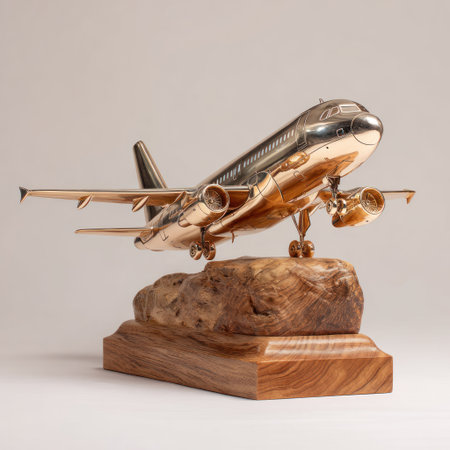 A detailed sculpture of an airplane is displayed on a wooden base. The airplane has a metallic, golden finish, reflecting light, while the wooden base provides a contrasting, natural texture. The composition is set against a neutral backdrop. This image could be suitable for various commercial or editorial applications.の素材