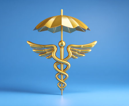 A golden Caduceus symbol is prominently displayed, topped with an umbrella against a solid blue backdrop. The image features a studio setting with clean lines and soft lighting, enhancing the metallic texture. This image is suitable for illustrating concepts related to medicine, insurance, and protection, with potential uses in commercial advertising.の素材