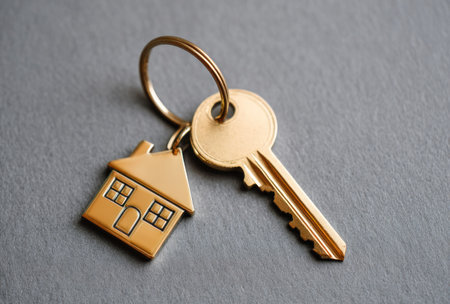 A close-up captures a golden key and a house-shaped charm resting against a gray surface. The key exhibits a shiny texture, while the house charm shows window and door details. The image uses overhead lighting creating subtle shadows. It is suitable for illustrating concepts of property, home ownership, or related commercial themes.の素材