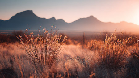 An outdoor landscape scene presents tall grass in the foreground bathed in warm sunlight. Distant mountains form the backdrop under a clear sky. The image showcases soft textures and a color palette of gold and amber tones. Ideal for commercial applications or editorial content.の素材