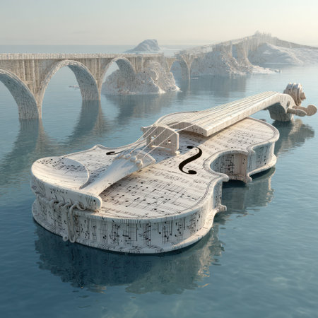 A visually striking image features a sculpted violin floating on water with a scenic landscape. The artwork showcases detailed texture and form, with music notes integrated into the design. The serene composition is bathed in soft light, suggesting a calm setting. Suitable for various creative and illustrative applications.の素材