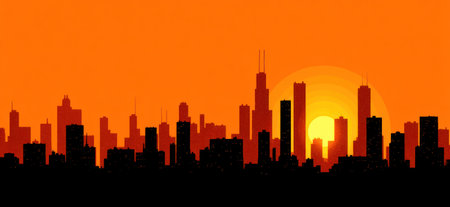 A silhouette of a cityscape is set against a vibrant orange and yellow gradient sky, likely representing sunset or sunrise. The image presents tall buildings and structures, creating a stark contrast. The overall style suggests a flat design with solid colors suitable for various editorial and commercial applications.の素材
