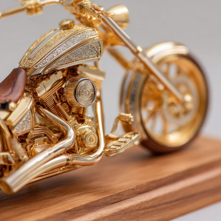 This close-up image showcases a meticulously crafted gold motorcycle statue. The composition highlights the shiny golden surfaces, intricate details, and the reflection of the light. The motorcycle rests on a wooden base. Suitable for editorial purposes or use in advertising and design projects, the image has copy space.の素材