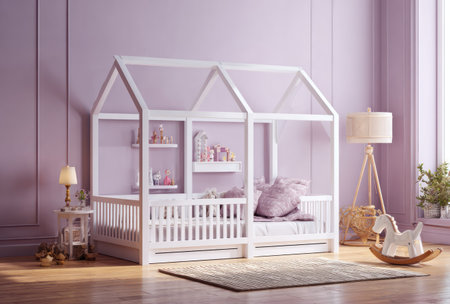 A house-shaped bed frame dominates the scene of a child's bedroom. The white wooden structure stands out against soft purple walls. A neutral rug covers the wooden floor. The room features decorative pillows, lamps, and toys. This image may be suitable for illustrating children's bedroom design, home decor, or lifestyle content.の素材