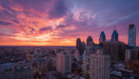 An aerial view presents a city skyline at dusk, with buildings silhouetted against a dramatic sunset. The sky displays vibrant hues of orange, purple, and pink. The architectural structures are numerous and diverse. This image would be suitable for various commercial or editorial applications related to urban environments and dramatic landscapes.の素材