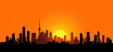 A silhouette of a city skyline is depicted against an orange gradient sky with a setting sun. The composition features tall buildings in dark shades, creating a contrast with the warm color scheme. The image evokes a sense of urban environment with commercial applications.の素材