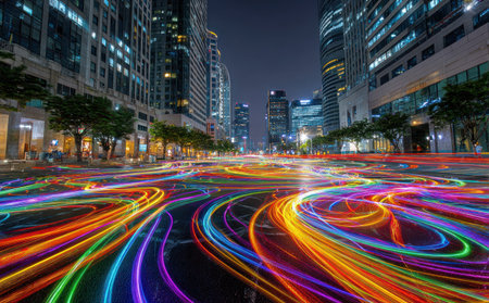 An urban scene features light trails created by vehicles moving along a street in a city. Tall buildings with illuminated windows frame the view. The composition highlights contrasting colors and long exposure photography effects. Suitable for various design applications, commercial projects, and editorial purposes.の素材