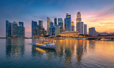 A boat navigates calm waters reflecting the vibrant colors of a sunset, with a modern cityscape providing the backdrop. The photograph showcases architectural details under a warm, gradient sky. This image is suitable for various commercial uses, including travel promotions and illustrative content, capturing an urban setting.の素材