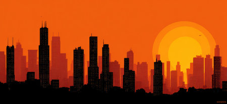 An illustration depicts a cityscape silhouette against a vibrant orange and yellow sunset. The image features tall buildings, suggesting an urban environment. The composition employs stark contrast and flat colors. Suitable for various applications, including design projects, editorial content, and commercial uses.の素材