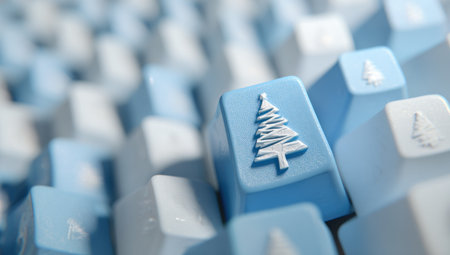 A macro shot presents a keyboard's keys, with a Christmas tree symbol on a light blue key. The image features a shallow depth of field, rendering the background blurred. The color palette primarily uses white and light blue. This image might be suitable for festive digital design and conceptual projects.の素材
