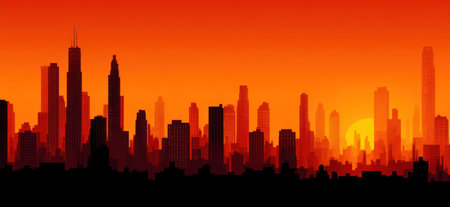 A silhouette of a city skyline is set against a vivid orange sky, depicting a sunset or sunrise scene. The image showcases tall buildings and towers in a dark color, illuminated by the bright, warm hues of the background. It could be used for various commercial or editorial applications.の素材