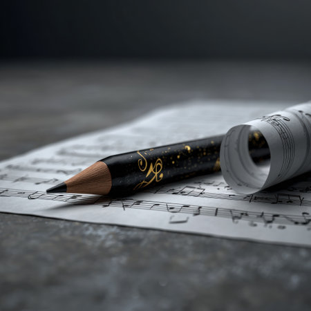 A dark pencil lies on a sheet of musical notes, next to a rolled scroll. The composition features a shallow depth of field, with soft gray tones and subtle lighting. It evokes a sense of creativity and artistic expression. Suitable for commercial projects involving music, education, and design.の素材