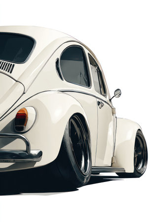 A classic white automobile, likely a vintage model, is featured against a clean, white backdrop. The vehicle has black wheels, polished chrome accents and displays a side profile view. The lighting suggests a studio environment. This image is suitable for automotive themes, design projects, or promotional content.の素材
