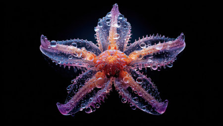 A detailed image displays a colorful starfish covered in water droplets. The object presents shades of purple and orange, with a textured surface. It is set against a dark backdrop, emphasizing the bright colors and intricate details of the marine animal. Suitable for a variety of editorial and commercial applications.の素材