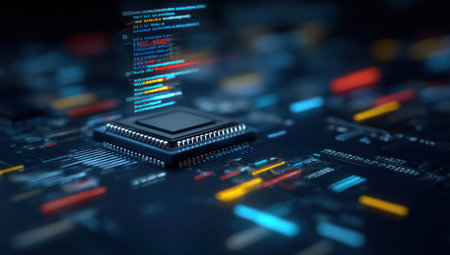 This image showcases a central processing unit with illuminated code against a dark, blurred background. It features vibrant colors, intricate details, and a modern aesthetic. The composition suggests advanced technology and digital processes. Suitable for use in technology-related projects, presentations, or editorial purposes.の素材