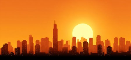 An illustrative image presents a city skyline at sunset. The silhouette features numerous buildings against a vibrant orange and yellow gradient sky. The style is simple, focusing on shapes and light. This image could be suitable for various uses, including promotional materials or design elements.の素材