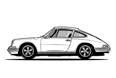 This black and white illustration presents a classic car from a side perspective. The coupe features clean lines and a simple design on a white background. It's likely intended for graphic design projects, presentations, or use in advertising materials. The image evokes a sense of nostalgia.の素材