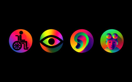 Four vibrant, circular icons with rainbow gradients are arranged against a stark black backdrop. The illustrations depict a wheelchair user, an eye, an ear, and a person with augmented vision. The image uses a clean, graphic style, suggesting broad applications for editorial or commercial purposes related to diversity and support.の素材