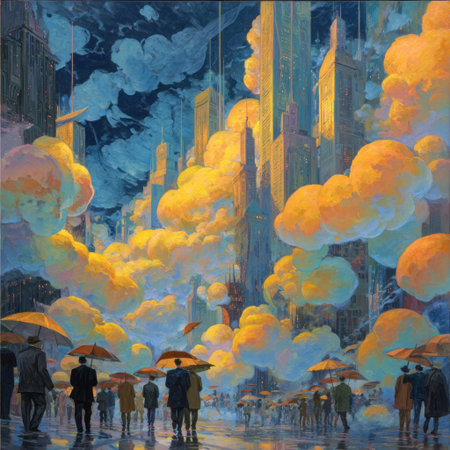 An ethereal cityscape painting portrays a dynamic scene of rain-soaked streets and towering structures. Golden clouds illuminate the sky, casting a warm glow over silhouetted figures holding umbrellas. The composition displays impressionistic brushstrokes, blending colors and textures to create a dreamlike atmosphere suitable for various visual projects.の素材