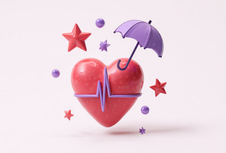 A vibrant 3D illustration depicts a large red heart with a purple umbrella and surrounding stars. The composition utilizes a soft, pastel color palette, creating a clean and modern aesthetic. This digitally created image may be suitable for advertising, health, insurance concepts, and other creative projects.の素材