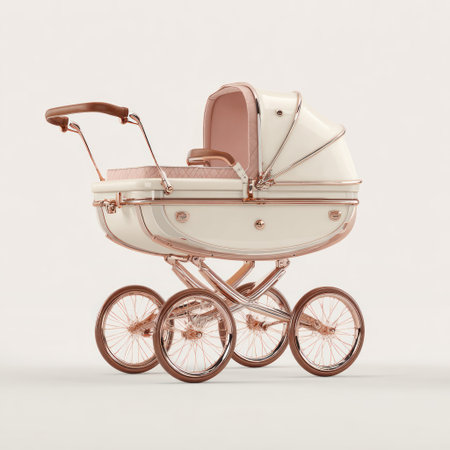 This image features a vintage-style baby carriage in soft pastel shades. The composition displays the carriage from a side view, highlighting its ornate details. The lighting appears soft and even, suggesting an indoor studio setting. The image could be suitable for illustrations of parenting and childhood themes.の素材